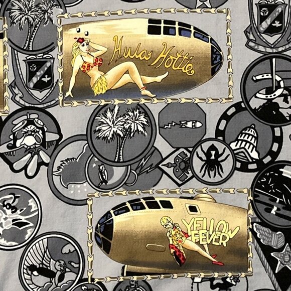 Vintage KALAHEO Popover Hawaiian Shirt Pin Up Girls USAF Planes Bombers Mens XL - Picture 7 of 11